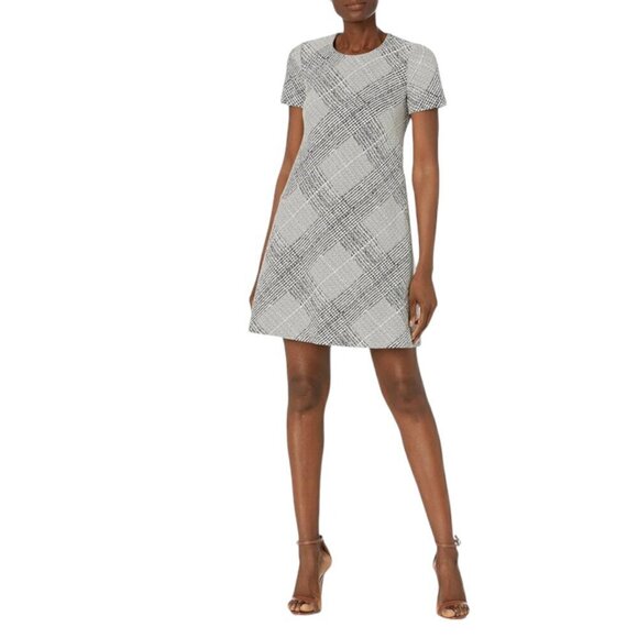 Calvin Klein Black and White Plaid A-Line Fit and Flare Short Sleeve Dress, 6 - Picture 1 of 10